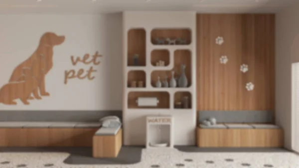 Blur background, veterinary hospital waiting room. Sitting room with benches and pillows, terrazzo tiles and carpet. Bookshelf with pet food and water cooler. Interior design concept