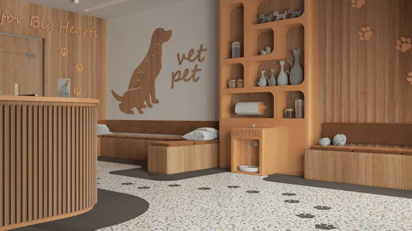 Veterinary clinic waiting room in orange and wooden tones. Reception desk, sitting space with benches with pillows. Bookshelf and water cooler, shelves with pet food. Interior design