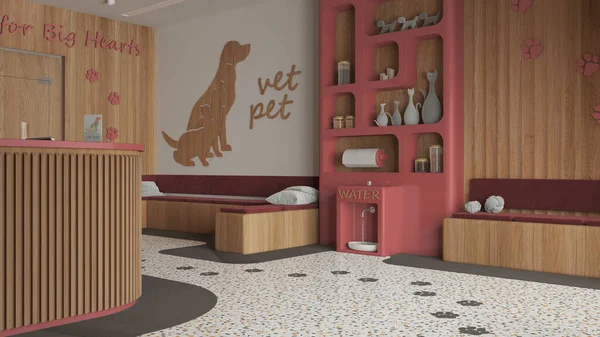 Veterinary clinic waiting room in red and wooden tones. Reception desk, sitting space with benches with pillows. Bookshelf and water cooler, shelves with pet food. Interior design