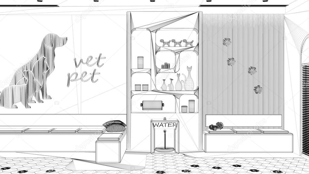 Blueprint project draft, veterinary hospital waiting room. Sitting room with benches and pillows, terrazzo tiles and carpet. Bookshelf with pet food and water cooler. Interior design