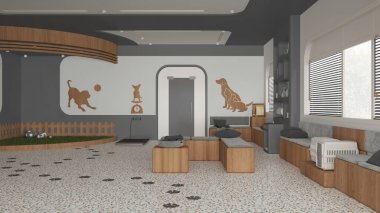 Veteriner kliniğinin iç tasarımı gri ve ahşap tonlarda. Bekleme odasında sıralar ve yastıklarla, çimenlerle ve kedilerle oyuncaklarla bahçeyle oynamak, evcil hayvan ağırlığı terazisi