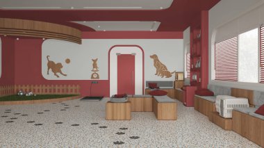 Veteriner kliniğinin iç tasarımı kırmızı ve ahşap tonlarda. Bekleme odasında sıralar ve yastıklarla, çimenlerle ve kedilerle oyuncaklarla bahçeyle oynamak, evcil hayvan ağırlığı terazisi