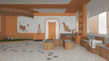 Veteriner kliniği iç tasarımı turuncu ve ahşap tonlarda. Bekleme odasında sıralar ve yastıklarla, çimenlerle ve kedilerle oyuncaklarla bahçeyle oynamak, evcil hayvan ağırlığı terazisi