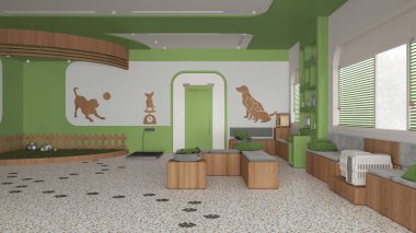 Veteriner kliniğinin iç tasarımı yeşil ve ahşap tonlarda. Bekleme odasında sıralar ve yastıklarla, çimenlerle ve kedilerle oyuncaklarla bahçeyle oynamak, evcil hayvan ağırlığı terazisi