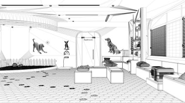 Proje taslağı, veteriner kliniği iç tasarımı. Bekleme odasında sıralar ve yastıklarla, çimenlerle ve kedilerle oyuncaklarla bahçeyle oynamak, evcil hayvan ağırlığı terazisi