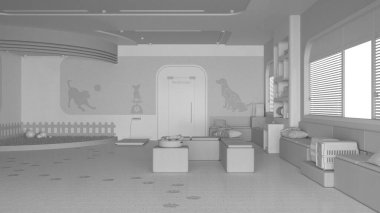 Tamamen beyaz proje taslağı, veteriner kliniği iç tasarımı. Bekleme odasında sıralar ve yastıklarla, çimenlerle ve kedilerle oyuncaklarla bahçeyle oynamak, evcil hayvan ağırlığı terazisi