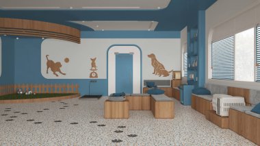 Veteriner kliniği iç tasarımı mavi ve ahşap tonlarda. Bekleme odasında sıralar ve yastıklarla, çimenlerle ve kedilerle oyuncaklarla bahçeyle oynamak, evcil hayvan ağırlığı terazisi