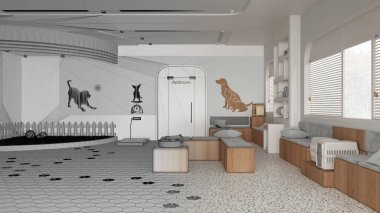 Mimar iç mimar konsepti: elle çizilmiş tamamlanmamış proje gerçek, veterinerlik kliniği haline geliyor. Bekleme odasında, çimenlerle ve kedi ve köpekler için oyuncaklarla bahçede oynayacağız.