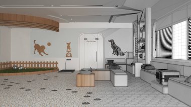Mimar iç mimar konsepti: elle çizilmiş tamamlanmamış proje gerçek, veterinerlik kliniği haline geliyor. Bekleme odasında, çimenlerle ve kedi ve köpekler için oyuncaklarla bahçede oynayacağız.