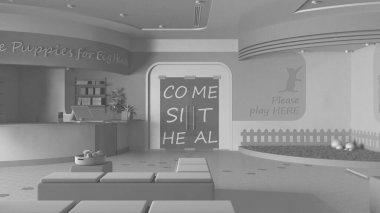 Tamamen beyaz proje taslağı, veteriner kliniği. Oturan banklar ve yastıklarla bekleme odası, resepsiyon masası, çimenli bahçeler ve kedi ve köpekler için oyuncaklar. İç tasarım kavramı