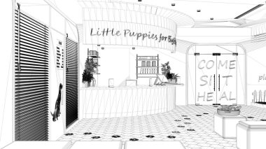 Proje taslağı, veteriner hastanesinin bekleme odası. Resepsiyon masası, oturma odası, yastıklar, terrazzo fayansları. Panjurlu giriş kapısı. İç tasarım kavramı