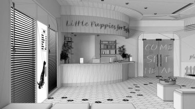 Tamamlanmamış proje taslağı, veteriner hastanesinin bekleme odası. Resepsiyon masası, oturma odası, yastıklar, terrazzo fayansları. Panjurlu giriş kapısı. İç tasarım kavramı