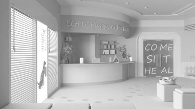 Tamamen beyaz proje taslağı, veteriner hastanesinin bekleme odası. Resepsiyon masası, oturma odası, yastıklar, terrazzo fayansları. Panjurlu giriş kapısı. İç tasarım kavramı