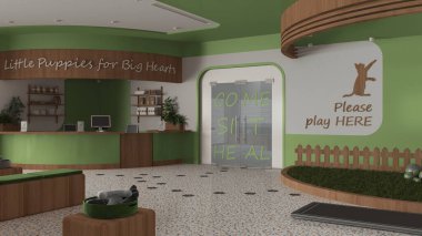 Yeşil ve ahşap tonlarda veteriner kliniği. Oturma odasında sıralar, yastıklar ve oyuncaklarla. Resepsiyon masası, ağırlık ölçeği, terrazzo fayansları ve cam kapı. İç tasarım kavramı
