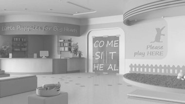 Tamamen beyaz proje taslağı, veteriner kliniği. Oturma odasında sıralar, yastıklar ve oyuncaklarla. Resepsiyon masası, ağırlık ölçeği, terrazzo fayansları ve cam kapı. İç tasarım kavramı