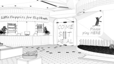 Proje taslağı, veteriner kliniği. Oturma odasında sıralar, yastıklar ve oyuncaklarla. Resepsiyon masası, ağırlık ölçeği, terrazzo fayansları ve cam kapı. İç tasarım kavramı