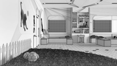 Tamamlanmamış proje taslağı, veteriner kliniği bekleme odası. Evcil hayvanlar için çim ve oyuncaklarla bahçeyle oyna, bankları, kitaplığı, su soğutucusu, ağırlık terazisi olan oturma alanı. İç tasarım