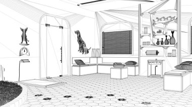 Proje taslağı, veteriner kliniği bekleme odası. Bankları, kitaplığı, su soğutucusu ve ağırlık terazisi olan oturma alanı. Evcil hayvanlar için çimenli bahçe oyunu, iç tasarım fikri