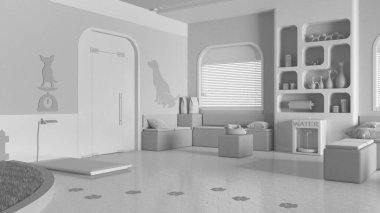 Tamamen beyaz proje taslağı, veteriner kliniği bekleme odası. Bankları, kitaplığı, su soğutucusu ve ağırlık terazisi olan oturma alanı. Evcil hayvanlar için çimenli bahçe oyunu, iç tasarım fikri