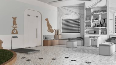 Mimari iç mimar konsepti: elle çizilmiş tamamlanmamış proje gerçek, veterinerlik kliniği bekleme odası haline geliyor. Oturma alanı, su soğutucu ve ağırlık ölçeği. Bahçeyi oyna