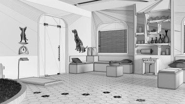 Tamamlanmamış proje taslağı, veteriner kliniği bekleme odası. Bankları, kitaplığı, su soğutucusu ve ağırlık terazisi olan oturma alanı. Evcil hayvanlar için çimenli bahçe oyunu, iç tasarım fikri