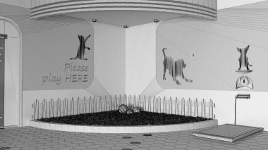 Bitmemiş proje taslağı, veteriner kliniği kediler ve köpekler için oyun bahçesi, taşaklı yeşil çimenler. Evcil hayvanlar için dinlenme alanı. Hayvan dostu iç tasarım fikri