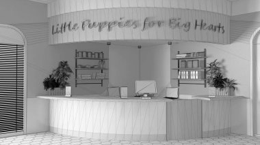 Bitmemiş proje taslağı, veteriner kliniği resepsiyon masası. Evcil hayvan maması, dekorasyon, saksı bitkisi, laptop ve masaüstü olan raflar. Kemerli kapılar, iç tasarım fikri