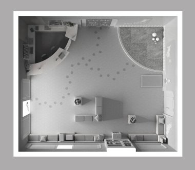 Tamamen beyaz proje taslağı, veteriner kliniği. Oturan banklar ve yastıklarla bekleme odası, resepsiyon masası, kediler ve köpekler için bahçe oyunu. İç tasarım, üst görünüm, plan, yukarıda