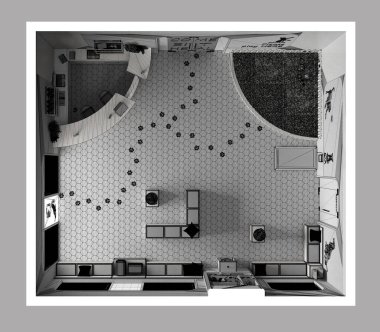 Bitmemiş proje taslağı, veteriner kliniği. Oturan banklar ve yastıklarla bekleme odası, resepsiyon masası, kediler ve köpekler için bahçe oyunu. İç tasarım, üst görünüm, plan, yukarıda