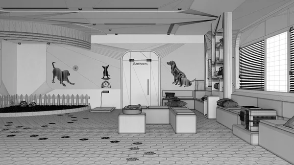 Tamamlanmamış proje taslağı, veteriner kliniği iç tasarımı. Bekleme odasında sıralar ve yastıklarla, çimenlerle ve kedilerle oyuncaklarla bahçeyle oynamak, evcil hayvan ağırlığı terazisi