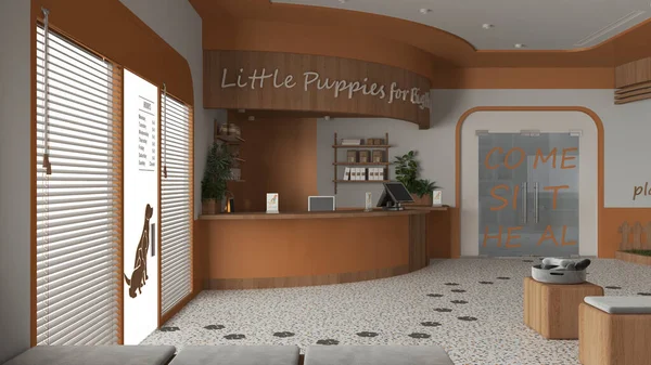 Veterinary hospital waiting room in orange and wooden tones. Reception desk, sitting room with benches and pillows, terrazzo tiles. Entrance door with blinds. Interior design concept