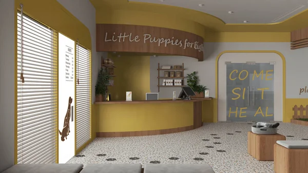 Veterinary hospital waiting room in yellow and wooden tones. Reception desk, sitting room with benches and pillows, terrazzo tiles. Entrance door with blinds. Interior design concept
