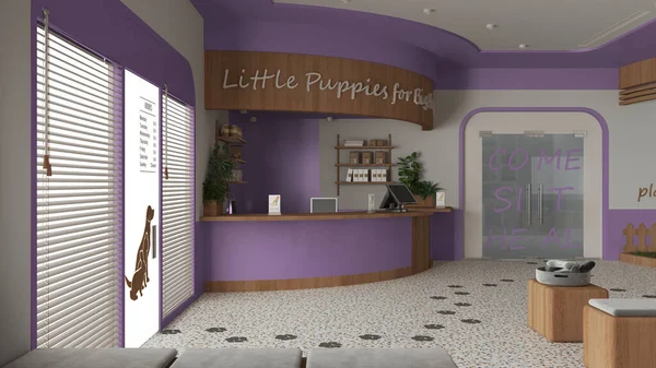 Veterinary hospital waiting room in purple and wooden tones. Reception desk, sitting room with benches and pillows, terrazzo tiles. Entrance door with blinds. Interior design concept