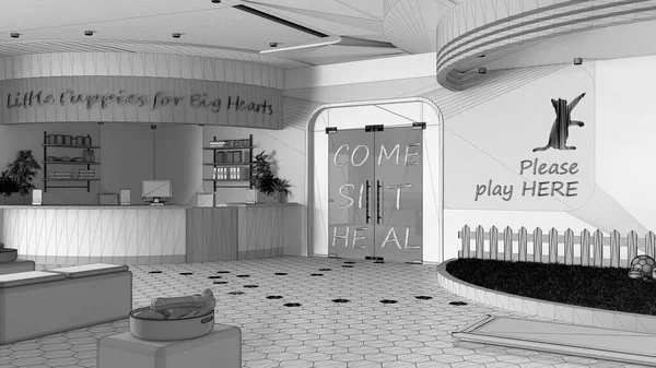 Unfinished project draft, veterinary clinic. Sitting waiting room with benches, pillows and toys. Reception desk, weight scale, terrazzo tiles and glass door. Interior design concept