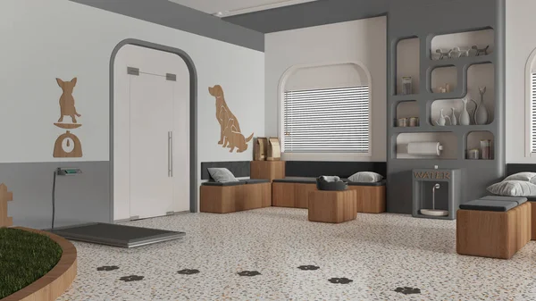 Veterinary clinic waiting room in gray and wooden tones. Sitting area with benches, bookshelf, water cooler and weight scale. Play garden with grass for pets, interior design idea
