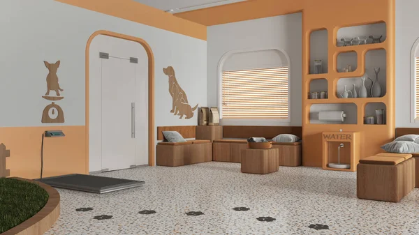 Veterinary clinic waiting room in orange and wooden tones. Sitting area with benches, bookshelf, water cooler and weight scale. Play garden with grass for pets, interior design idea