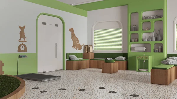 Veterinary clinic waiting room in green and wooden tones. Sitting area with benches, bookshelf, water cooler and weight scale. Play garden with grass for pets, interior design idea