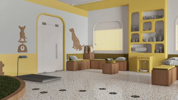 Veterinary clinic waiting room in yellow and wooden tones. Sitting area with benches, bookshelf, water cooler and weight scale. Play garden with grass for pets, interior design idea