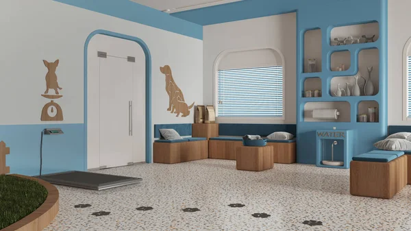 Veterinary clinic waiting room in blue and wooden tones. Sitting area with benches, bookshelf, water cooler and weight scale. Play garden with grass for pets, interior design idea