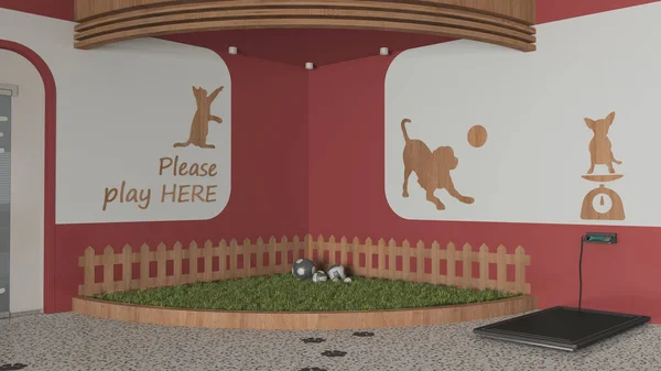 Ветеринарная Клиника Играет Сад Собак Кошек Красные Деревянные Тона Зеленая — стоковое фото