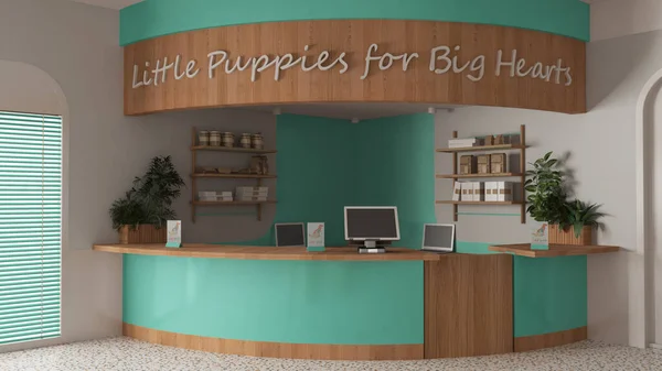 Veterinary clinic reception desk in turquoise and wooden tones. Shelves with pet food and decors, potted plants, laptop and desktop. Arched doors, interior design concept idea