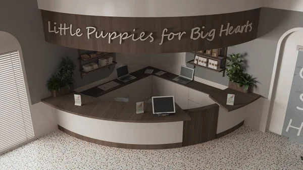 Veterinary clinic reception desk in dark and wooden tones. Shelves with pet food and decors, potted plants, laptop and desktop. Arched doors, interior design, top view, above