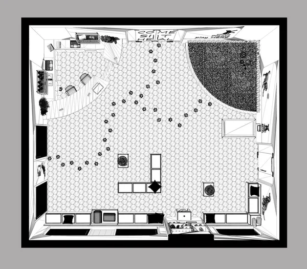 Blueprint project draft, veterinary clinic. Waiting room with sitting benches and pillows, reception desk, play grass garden for cats and dogs. Interior design, top view, plan, above