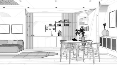 Proje taslağı, modern mutfak, oturma ve yemek odası, halılı kanepe, sürgülü kapı, dolaplar, raflar ve sandalyeli masa. Parke ve baston tavan. İç tasarım