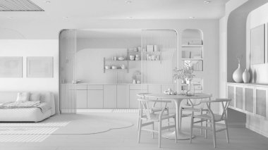 Tamamen beyaz proje taslağı, modern mutfak, oturma ve yemek odası, halılı kanepe, sürgülü kapı, dolaplar, raflar ve sandalyeli masa. Parke ve baston tavan. İç tasarım