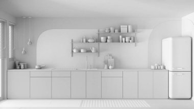 Tamamen beyaz proje taslağı, modern çağdaş mutfak, ahşap dolaplar, musluk ve indüksiyon hobisiyle lavabo, buzdolabı. Çömlekli raflar. Panjurlu pencereler, iç tasarım