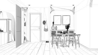 Proje taslağı, modern yemek odası ve mutfak sandalyeli yuvarlak masa, rattan klozet, elbise askısı olan giriş kapısı. Parke ve dekorlar. Modern iç tasarım