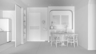 Tamamen beyaz proje taslağı, çağdaş yemek odası ve mutfak, sandalyeli yuvarlak masa, rattan klozet, elbise askısı olan giriş kapısı. Parke ve dekorlar. Modern iç tasarım