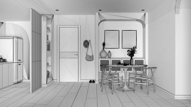 Tamamlanmamış proje taslağı, çağdaş yemek odası ve mutfak sandalyeli yuvarlak masa, rattan klozet, elbise askısı olan giriş kapısı. Parke ve dekorlar. Modern iç tasarım