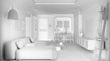 Tamamen beyaz proje taslağı, çağdaş ahşap yemek odası ve oturma odası, halılı kanepe ve sandalyeli masa, sürgülü kapı. Televizyon dolabı, parke, baston tavan. İç tasarım